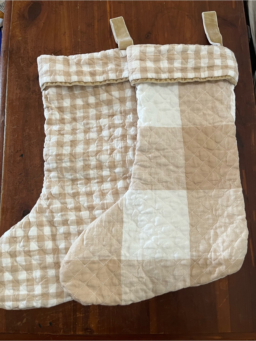 West Elm Quilted Linen Christmas Stockings Set Gingham Plaid